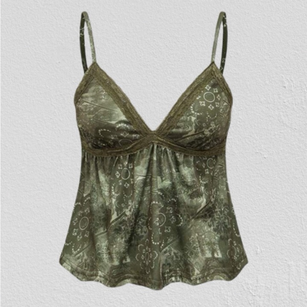 Women Summer Floral Print Splice Lace Ruffle Hem Camisole Top